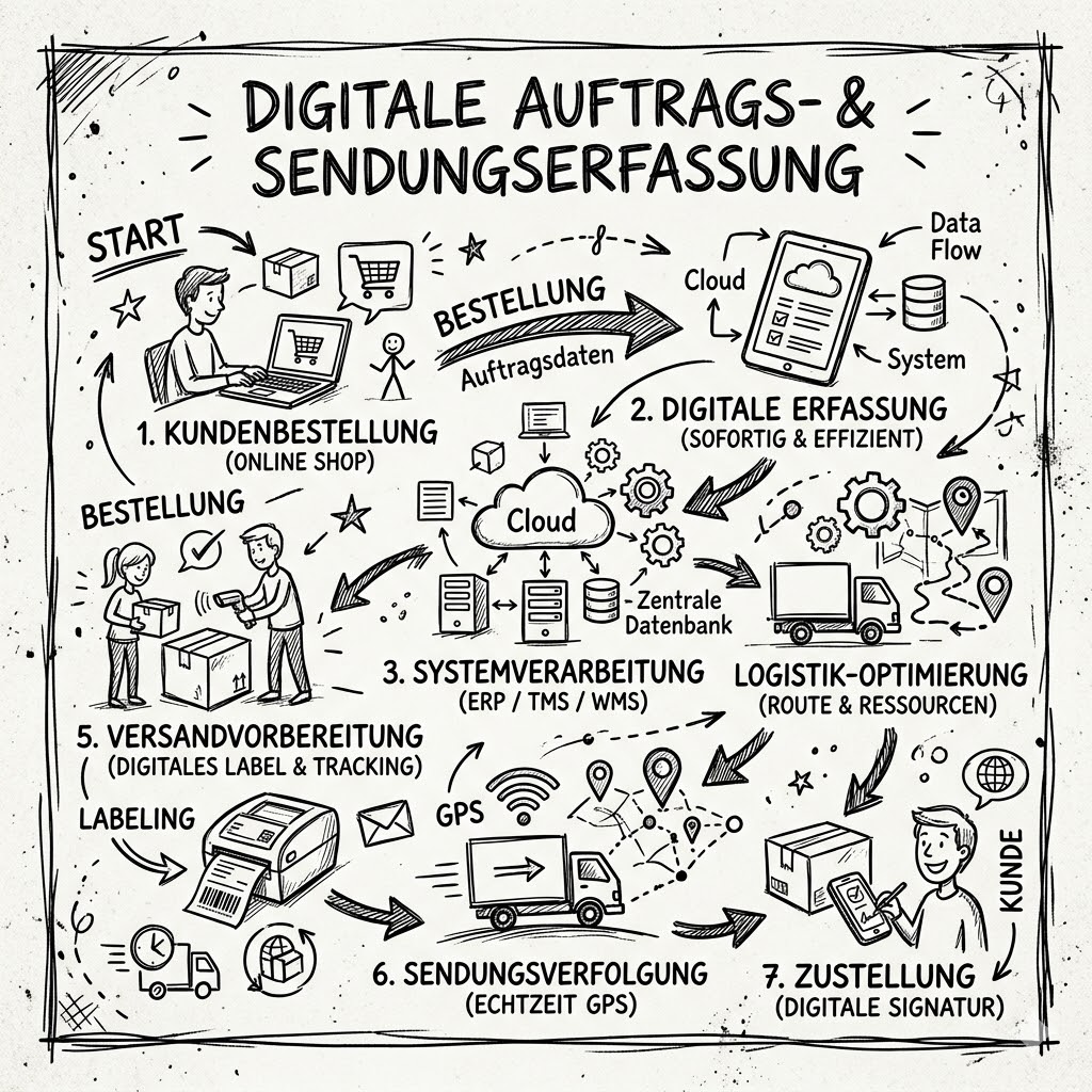 Mitarbeiter erfasst einen Transportauftrag digital am Bildschirm