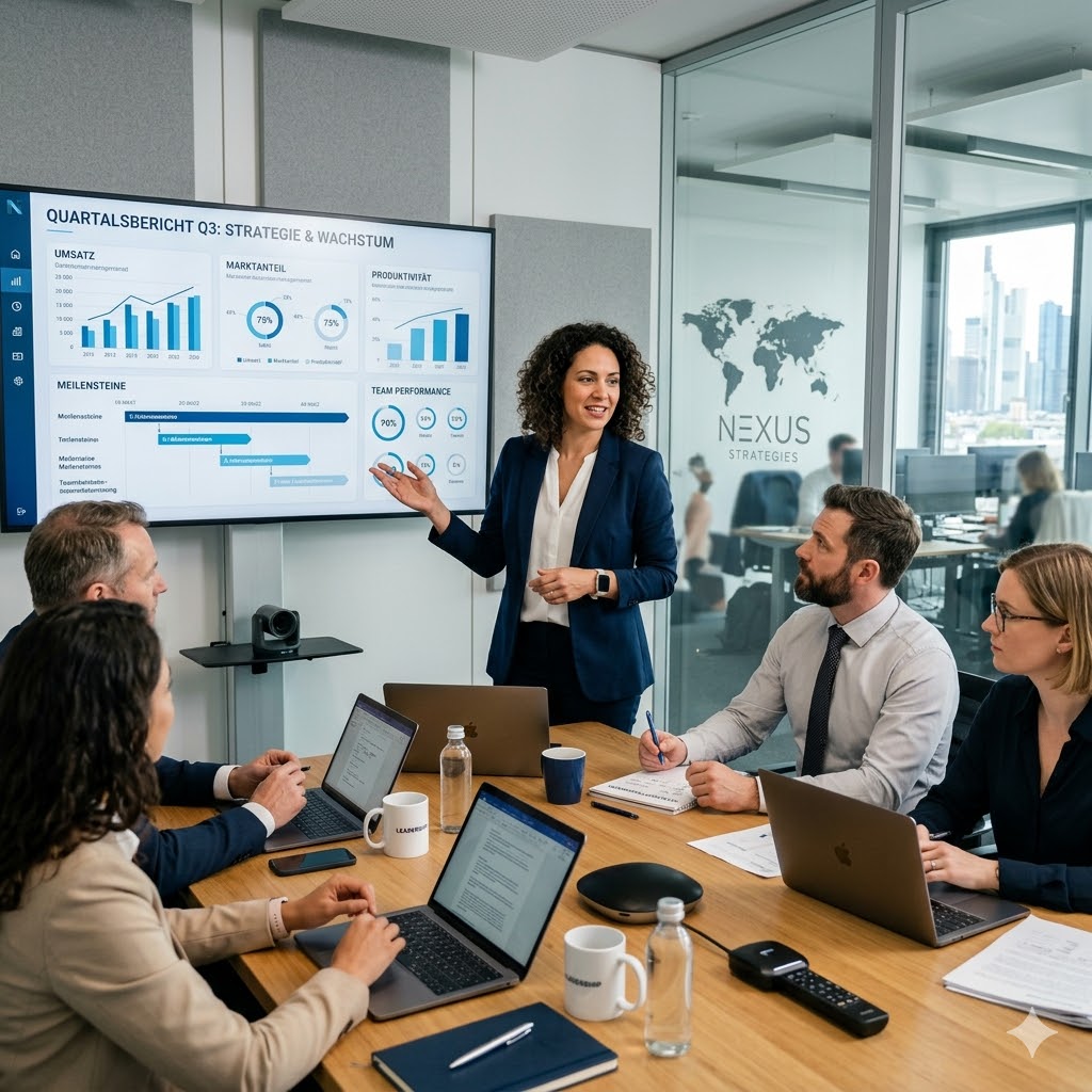 Management betrachtet Kennzahlen im Logistik-Dashboard