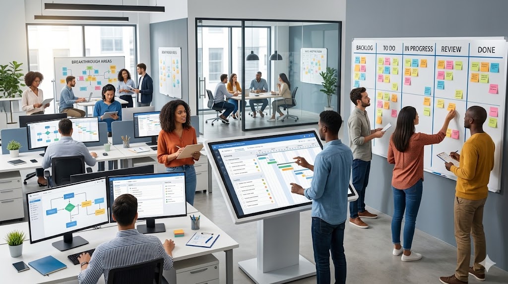 Team arbeitet mit Aufgabenliste