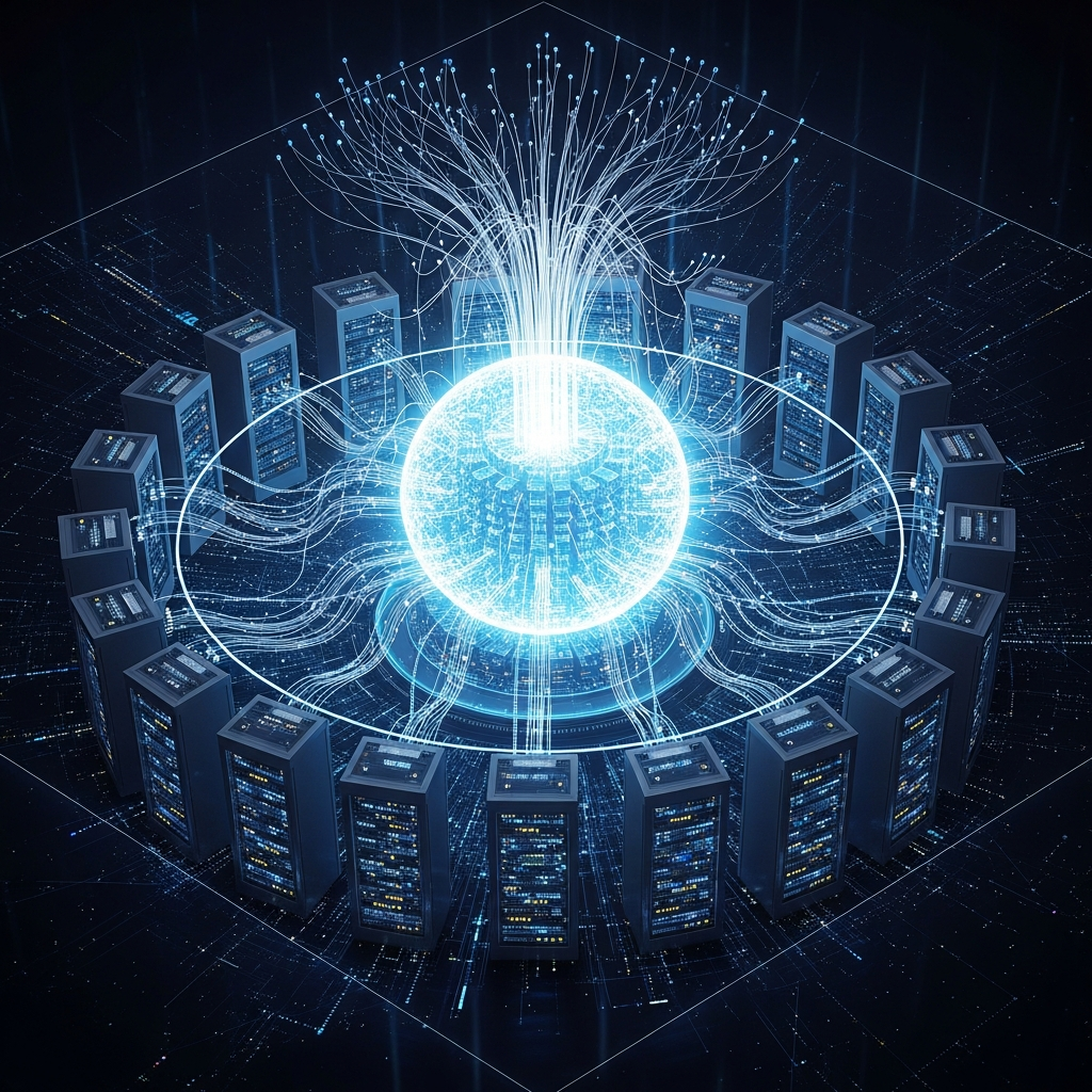 Illustration einer zentralen Datendrehscheibe mit vernetzten Systemen